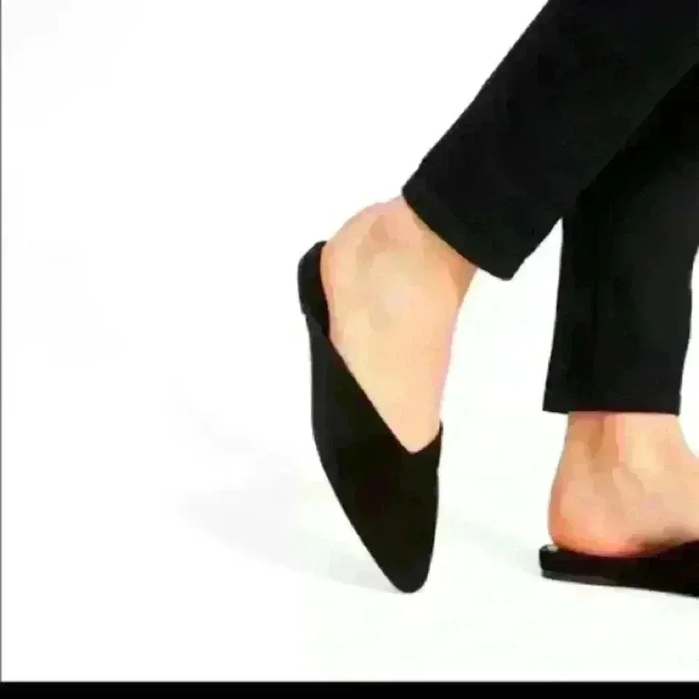 Everlane Nib Almond Toe black suede slip on mule flats